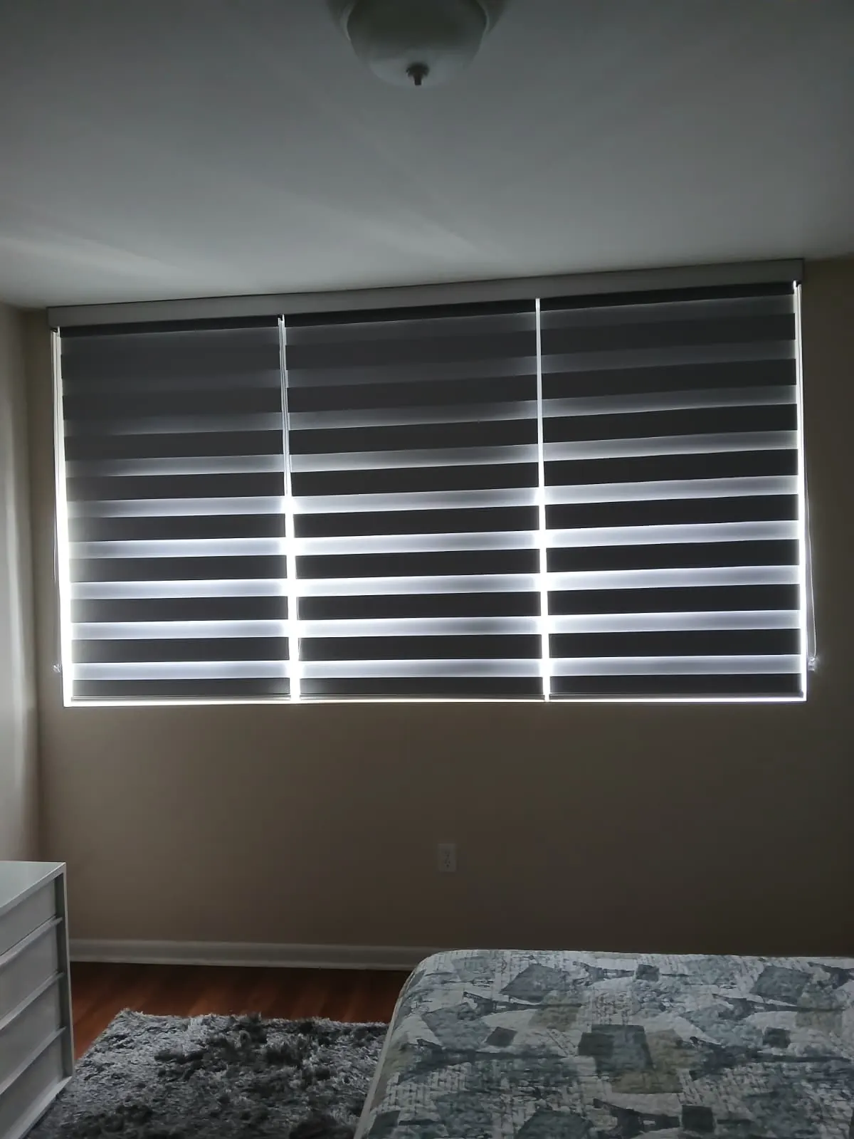 A three-panel zebra shade in charcoal and white stripes spanning a wide bedroom window, daylight glowing through the sheer bands beside a neatly made bed
